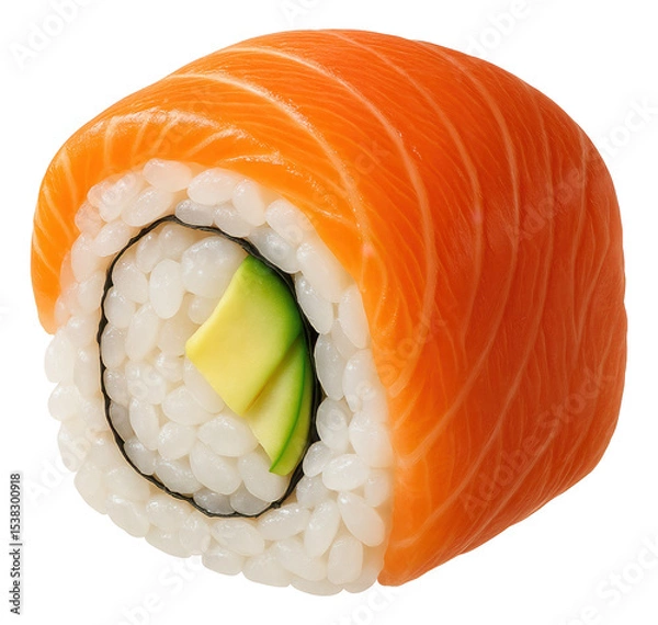 Fototapeta Sushi roll with fresh salmon wrap, filled with rice, avocado, and cucumber, showcasing a detailed and appetizing presentation.