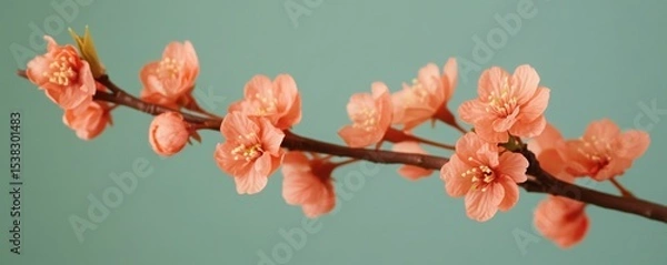 Fototapeta Awakening blossoms a branch of coral blooms whispers spring s gentle promise against a serene blue