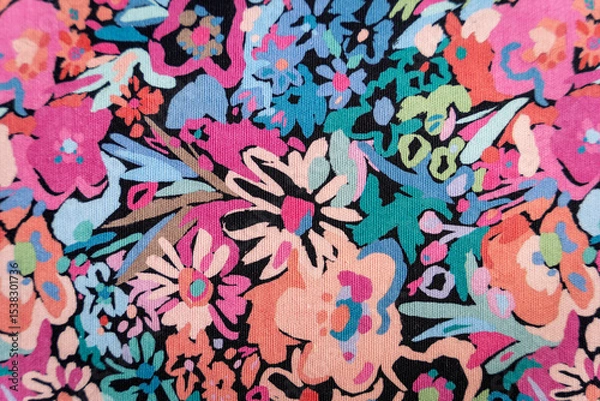 Fototapeta Pink and blue flowers fabric pattern texture background bg