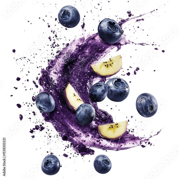Fototapeta Acai berries and golden kiwi slices with juice splash isolated on transparent or white background	
