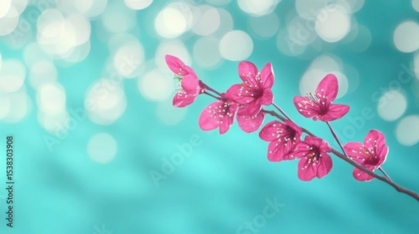 Fototapeta Delicate pink blossoms signal the arrival of spring against a dreamy turquoise backdrop with soft