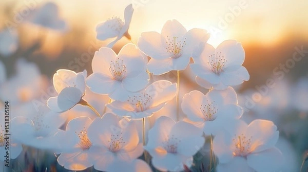 Fototapeta Blooming cherry blossoms basking in the golden embrace of dawn a symbol of fleeting beauty and hope