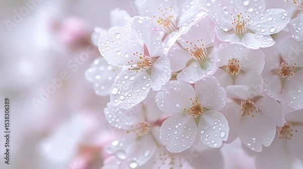 Fototapeta Capturing the delicate beauty of cherry blossoms glistening with fresh raindrops in soft ethereal
