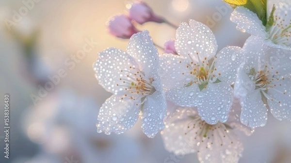 Fototapeta Delicate cherry blossoms glistening with morning dew capturing the ephemeral beauty of spring on a