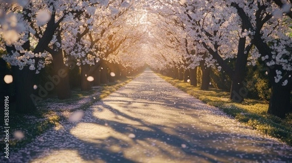 Fototapeta Enchanting walk under blossoming cherry trees in peak spring bloom casting shadows on the path in
