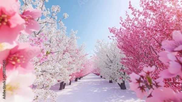 Fototapeta A magical path lined with blooming cherry trees celebrating the beginning of spring with a clear