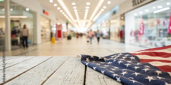 Obraz American flag is placed on a wooden table in the department store as part of a display concept for promotions on Memorial Day