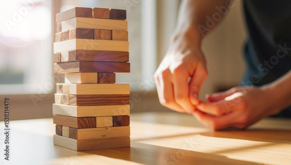 Obraz Business concepts with strategic planning and risk management in investment. Jenga, blocks, wooden, game, strategy, precision