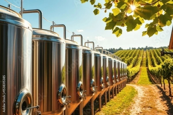 Fototapeta Series of metallic wine tanks aligned neatly beside a winery, su