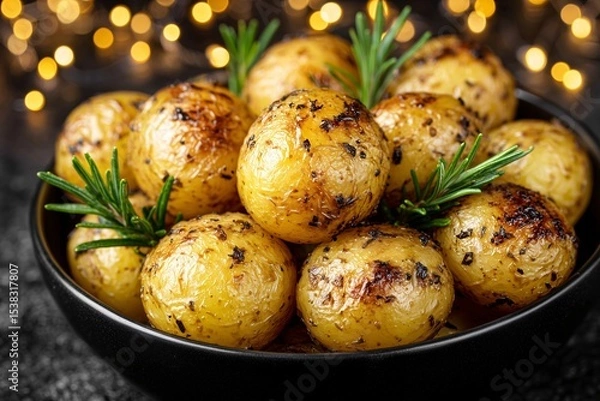 Fototapeta bowl of roasted baby potatoes with rosemary, golden crispy potatoes, holiday food or festive dinner dish
