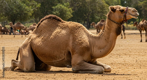 Fototapeta Camel resting on sand with others camels in the background on a sunny day