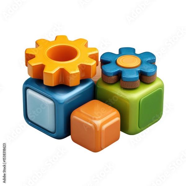 Obraz 3d colorful gear and cube set isolated on transparent background