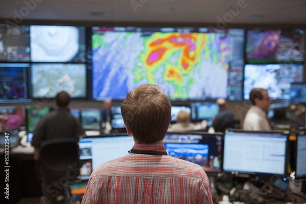 Fototapeta Meteorologist analyzing radar forecasting data with weather screen and hurricane map showing severe weather prediction and storm tracking concept