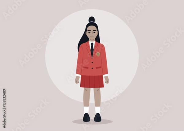 Obraz A female pupil dressed in a colorful school uniform isolated on a plain background