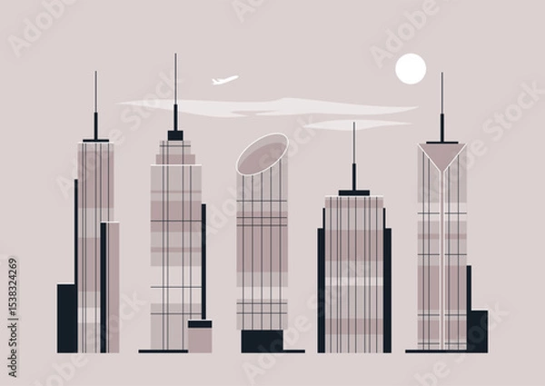 Obraz Against a soft pastel sky, five distinctive skyscrapers rise gracefully, each flaunting unique designs, A distant airplane glides by, hinting at the vibrancy of urban life and travel