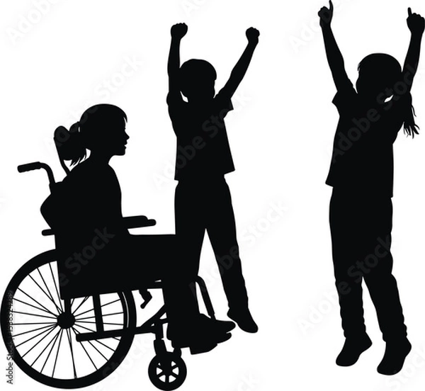 Fototapeta Children playing together, happy kids cheering, inclusive fun with a girl in wheelchair, diversity in childhood, disability empowerment, teamwork, joyful expression, active lifestyle, unity outdoors.