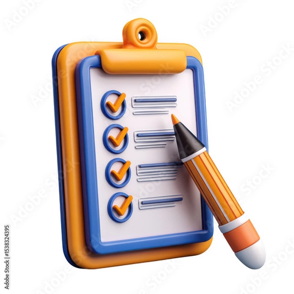 Obraz 3d checklist clipboard and pencil isolated on transparent background
