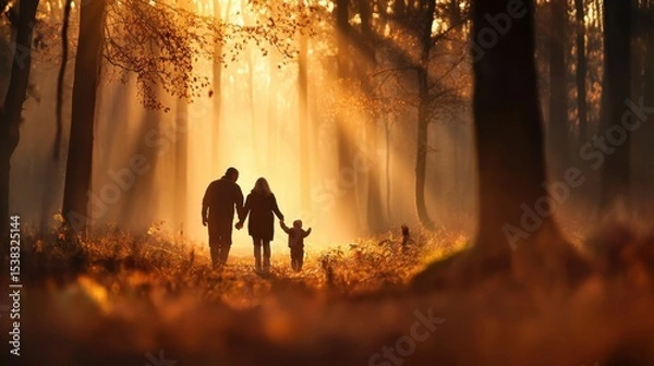 Fototapeta A family walks hand-in-hand through a sunlit autumn forest, surrounded by golden leaves and warm, glowing light.