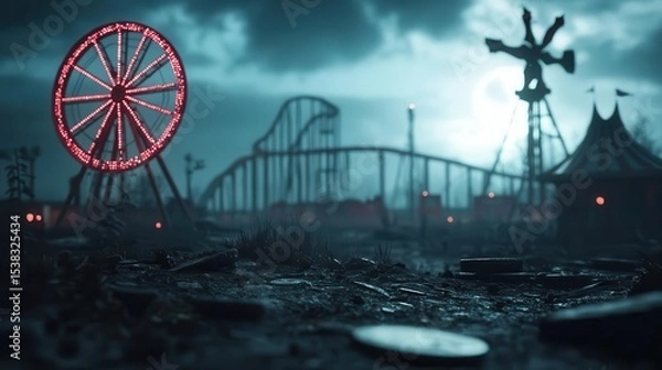 Fototapeta A zombieinfested carnival with broken rides and eerie lights, dark horror atmosphere