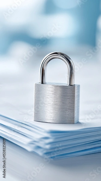 Fototapeta Silver padlock on stack of documents symbolizes business liability and insurance concept protecting important information and assets with security and trust