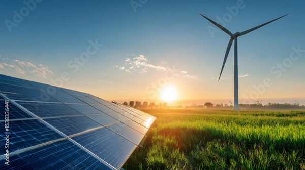 Obraz A picturesque sunset illuminates solar panels and a wind turbine in a lush green field, symbolizing sustainable and renewable energy sources.