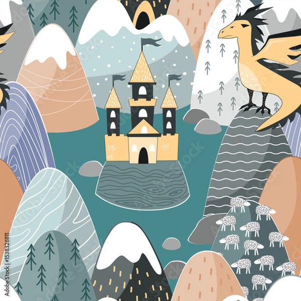 Fototapeta Fairy tale seamless pattern with cute dragon, magic castle, and mountains. Fairy land hills pastel background for kids, vector illustration.