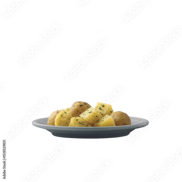 Fototapeta A delicious arrangement of boiled potatoes garnished with herbs on a plate, presented against a white isolate background.