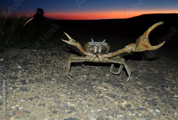 Fototapeta Lone Crab Crossing a Deserted Road at Sunset