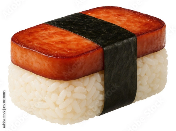 Fototapeta Spam musubi featuring a slice of grilled Spam on rice, wrapped with a strip of dried seaweed.