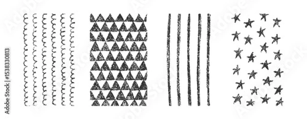 Fototapeta Hand drawn crayon textures vector pattern set. Childish freehand scribble and shapes background. Collection of design elements wavy lines, stars, stripes and triangles