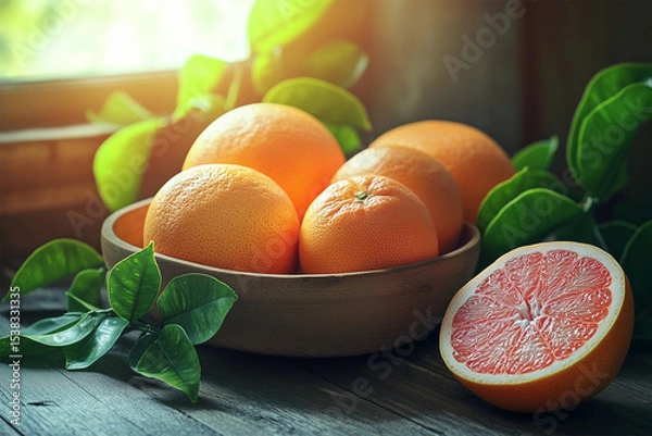 Fototapeta Grapefruits in the bowl and grapefruit slice on the table beside the window