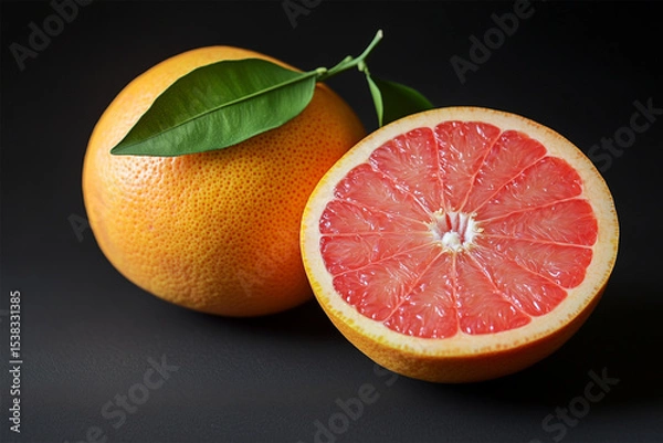 Fototapeta Grapefruit and grapefruit slice on black studio background