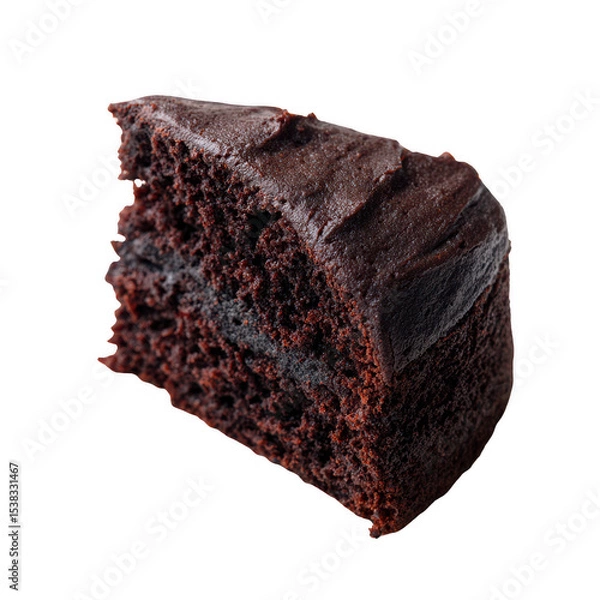 Fototapeta A slice of rich chocolate cake on a white isolated background, showcasing its moist texture and decadent layers, perfect for dessert lovers and bakers alike.