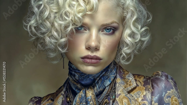 Obraz Curly-Haired Woman in Baroque Silk Attire with Intense Expression