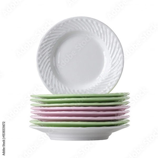 Fototapeta A stack of colorful ceramic plates in pastel colors, featuring a white ornate design, isolated on a white background, perfect for dining and kitchen decor.