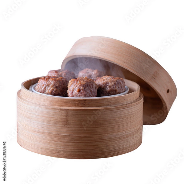 Fototapeta A steaming bamboo basket filled with delicious meatballs, showcasing the traditional Asian cuisine in an inviting and appetizing way.