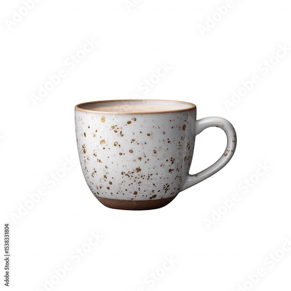 Fototapeta A stylish ceramic cup with a speckled white and gold design, perfect for serving hot beverages. The cup is isolated on a white background, emphasizing its elegant features.