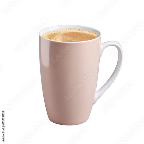 Fototapeta A stylish pink coffee mug filled with a rich, frothy beverage, isolated on a white background, perfect for showcasing warmth and comfort in a modern setting.