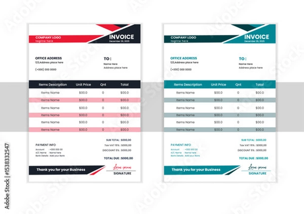 Obraz Minimal Corporate Business Invoice design template vector illustration bill form price invoice. Creative invoice template vector. business stationery design payment agreement design	