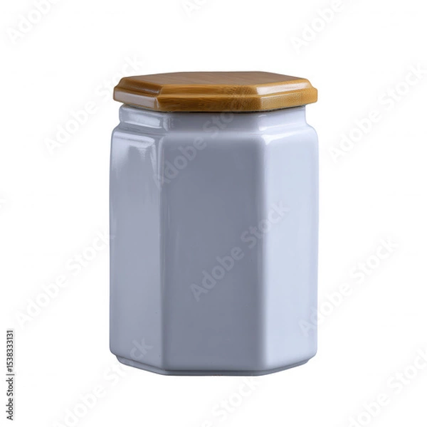 Fototapeta Ceramic jar with a wooden lid, ideal for kitchen organization. Its sleek design enhances usability while adding an aesthetic touch to your space.