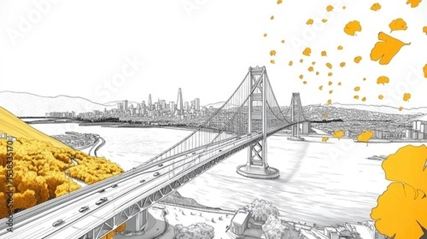 Fototapeta A cityscape view of a suspension bridge with falling leaves.