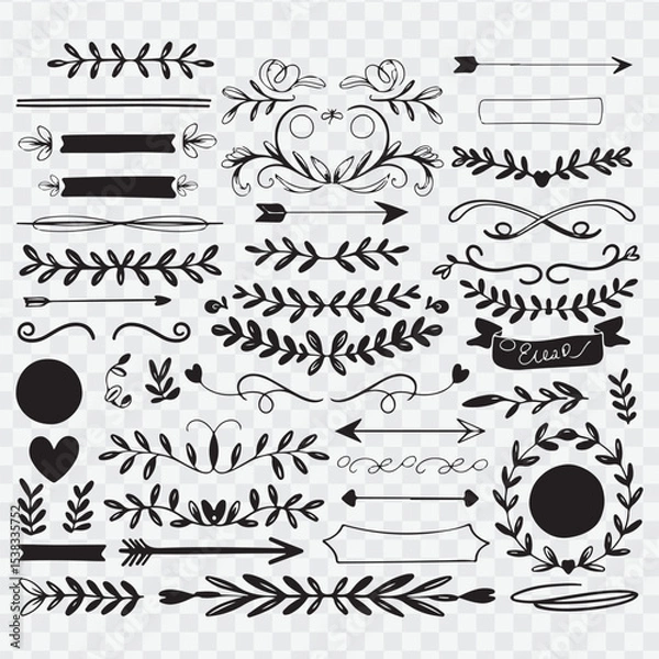 Fototapeta hand-drawn black and white decorative vector elements. Include a variety of ornate dividers, borders, floral flourishes, leafy branches, swirls, hearts, arrows, and circular wreaths.