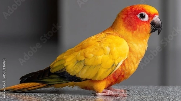 Fototapeta A parrot exhibits human-like behaviors while perched, captured in soft focus as an advanced study of animal imitation and intelligence.