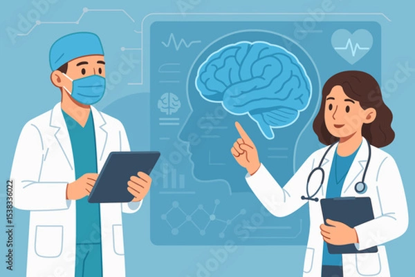 Fototapeta Neurologist doctors team discuss brain scan results on digital interface. Medical consultation for diagnosis, neurology, neuroscience, mental health, and healthcare technology.