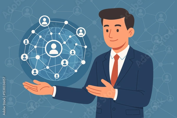 Fototapeta Global customer network concept with businessman presenting. Worldwide business connections and communication technology. Social media marketing, CRM, and international partnership.