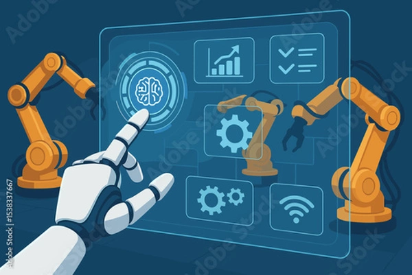 Fototapeta Robot hand controlling industrial robotic arms via futuristic interface. Artificial intelligence in manufacturing. Smart factory automation, Industry 4.0 concept vector illustration.