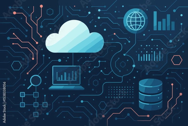 Fototapeta Cloud computing technology concept. Big data analysis and network storage vector illustration. Futuristic background with digital circuit board, database server, and globe icons.