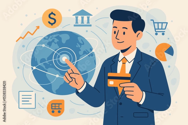 Fototapeta Businessman with credit card making global online payments. Concept of fintech, e-commerce, and international digital transactions. Financial technology and world economy illustration.