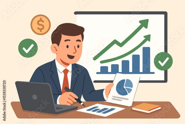 Obraz Businessman analyzing financial growth data. Financial analyst at desk with laptop and reports. Concept of successful investment, corporate profit, marketing strategy, and progress.