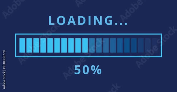 Fototapeta Vector illustration of light blue loading bar isolated on dark blue background for websites and graphic resources. Loading bar at 50% loaded.